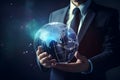 A businessman holds the earth globe in his hands, Generative AI 4 Royalty Free Stock Photo