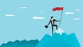 Businessman holds flag stand on top of mountain celebrating success. Vector illustration flat Royalty Free Stock Photo