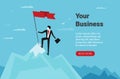 Businessman holds flag stand on top of mountain celebrating success. Vector illustration flat Royalty Free Stock Photo