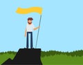 Businessman holds flag stand on top of mountain celebrating success. Vector illustration flat Royalty Free Stock Photo