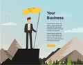 Businessman holds flag stand on top of mountain celebrating success. Vector illustration flat Royalty Free Stock Photo