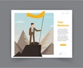 Businessman holds flag stand on top of mountain celebrating success. Vector illustration flat Royalty Free Stock Photo