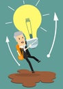 Businessman holds flying light bulb to get away from quicksand. Business concept cartoon illustration.