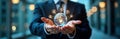 Businessman holds global digital tech device. Human interaction with AI virtual assistant concept. AI prompt engineering,