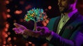 Businessman holds in his palms holographic tree, futuristic technology success concept created with generative AI