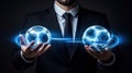 Businessman holds a holographic soccer ball, a concept of new technologies in the manufacture of sports equipment