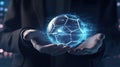 Businessman holds a holographic soccer ball, a concept of new technologies in the manufacture of sports equipment