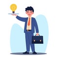 Businessman holds light bulb on tray as symbol of idea. Startup or new project, creative process and brainstorming Royalty Free Stock Photo