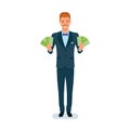 Businessman, holds lot of money in hands, financial success, growth.