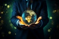 A businessman holds the new world, symbolizing a fresh global business concept