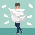 Businessman holds pile of office papers and documents. Documents and file. Routine, bureaucracy, big data, paperwork, office. Vect