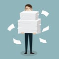 Businessman holds pile of office papers and documents. Documents and file Routine, bureaucracy, big data, paperwork