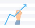 Businessman holds and pulls blue arrow graph to increase income.