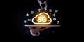 A businessman holds a tablet displaying a 5G cloud symbol, representing high-speed wireless internet technology Royalty Free Stock Photo