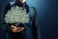 A businessman holds a tree with dollars instead of leaves on his hand. The concept of financial growth, passive income, dividends
