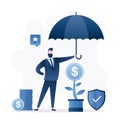 Businessman holds umbrella, money tree under protection. Insurance business solution. Venture fund investing in new startups,