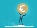 Businessman holds up golden coin as symbol of success. Dollar, Euro, Pound. Economy and finance concept illustration