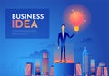 Businessman holds up a light bulb on top of the building. Leadership and Idea Concept