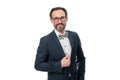 Businessman or host fashionable outfit isolated white. Man bearded hipster wear classic suit outfit. Formal outfit. Take