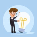 Businessman hugs a big lightbulb. Big good idea. Concept. Flat vector illustration isolated on background. Royalty Free Stock Photo