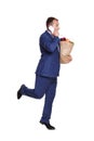 Businessman hurry up with healthy food, grocery buyer isolated Royalty Free Stock Photo