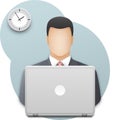 Businessman with laptop. Successful young man dressed in gray business suit working on laptop on wall background with office clock Royalty Free Stock Photo