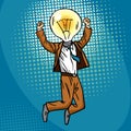Businessman with idea light bulb head concept. A man in a business suit jumps into the air. New good idea Royalty Free Stock Photo