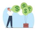 Businessman Inflates Balloons With Money Symbol In Air. Rich Man Earn Profit. Reduced Buying Power. Investment And