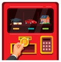 Businessman insert Bitcoin to Vending machine with Academic, Car and Property symbol in cartoon illustration vector