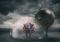 Businessman safely inside a shield dome during a storm that protects him from a wrecking ball. Protection and safety