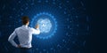 Businessman interacting with AI technology on a futuristic digital interface background Royalty Free Stock Photo