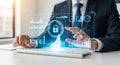 Businessman interacting with cybersecurity interface, digital lock, data protection, and network security Royalty Free Stock Photo