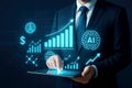 Businessman Interacting with Digital Business Analytics and AI Interface Keywords: businessman, tablet, digital analytics, Royalty Free Stock Photo