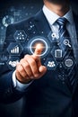 Businessman Interacting With Digital Business Interface Icons And Strategic Data Elements Royalty Free Stock Photo