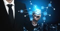 Businessman Interacting with Digital Interface Representing Connections, Data, Innovation, Networking, and Technology in Royalty Free Stock Photo
