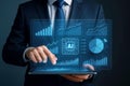 Businessman interacting with a futuristic AI data analysis interface on a tablet Keywords: AI, artificial intelligence, data, Royalty Free Stock Photo