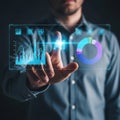 Businessman interacting with a futuristic data visualization interface Royalty Free Stock Photo
