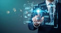 Businessman interacting with futuristic digital interface data analytics technology Royalty Free Stock Photo