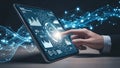 Businessman interacting with futuristic digital interface on tablet with glowing blue network connections and data visualizations Royalty Free Stock Photo