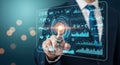Businessman interacting with futuristic digital touchscreen display with data visualizations Royalty Free Stock Photo