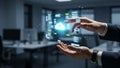Businessman interacting with futuristic holographic cloud computing interface in office Royalty Free Stock Photo