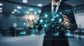 Businessman interacting with a glowing futuristic digital interface and data visualization elements Royalty Free Stock Photo