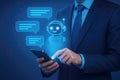 Businessman interacting with a holographic AI chatbot on a smartphone artificial intelligence virtual assistant Royalty Free Stock Photo