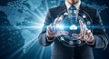 Businessman interacting with holographic cloud computing interface and global network Royalty Free Stock Photo