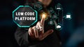 Businessman Interacting with Low Code Platform Visual Representation in Technology Concept Modern Digital Interface Royalty Free Stock Photo