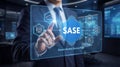 Businessman interacting with SASE secure access service edge technology interface in modern office Royalty Free Stock Photo