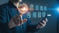 Businessman touching virtual screen with document icons and check mark, digital document management system Royalty Free Stock Photo