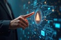 Businessman interacts with global business network interface. Touches warning sign on digital screen. Visualizes complex network Royalty Free Stock Photo
