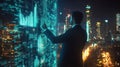 Businessman interacts with holographic data wall at night Royalty Free Stock Photo
