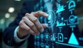Businessman interacts with interactive screen displaying ERP document management system. Touching control panel on visual screen Royalty Free Stock Photo